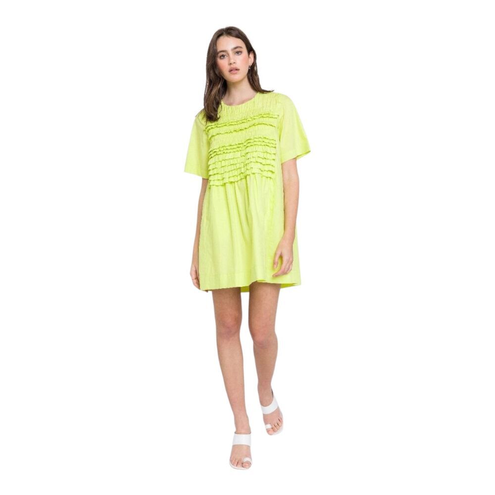 English Factory Highlighter Yellow Ruffle Babydoll Pockets Shirt Dress, XS